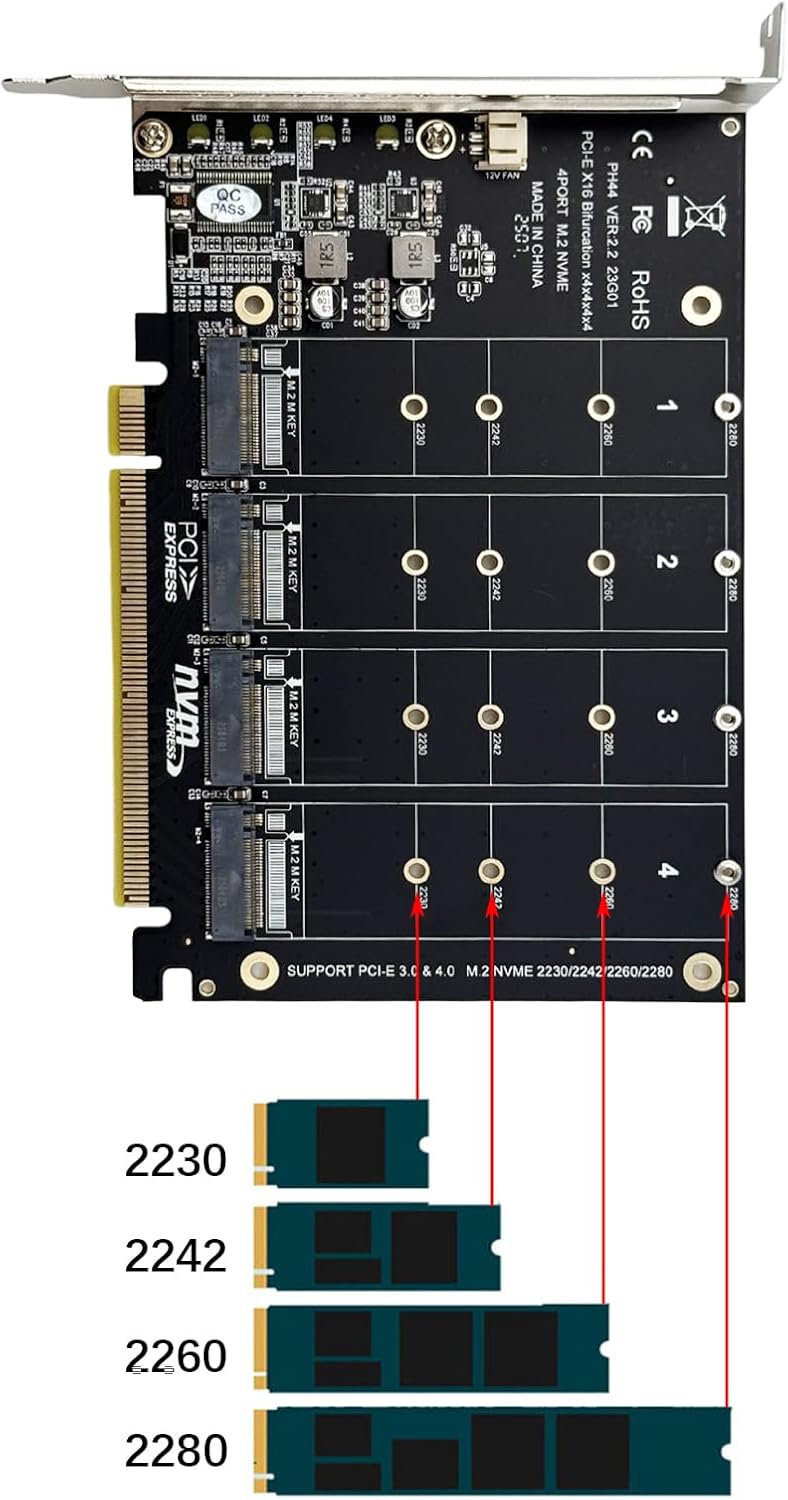 Flylin M.2 NVMe SSD to PCI-E x16 Host Controller Expansion Card, 4 x 64Gbps, 4 Port M Key Hard Drive Converter Reader Expansion Card, with LED Indicator, PCIE NVME Adapter (ph44) - Image 5